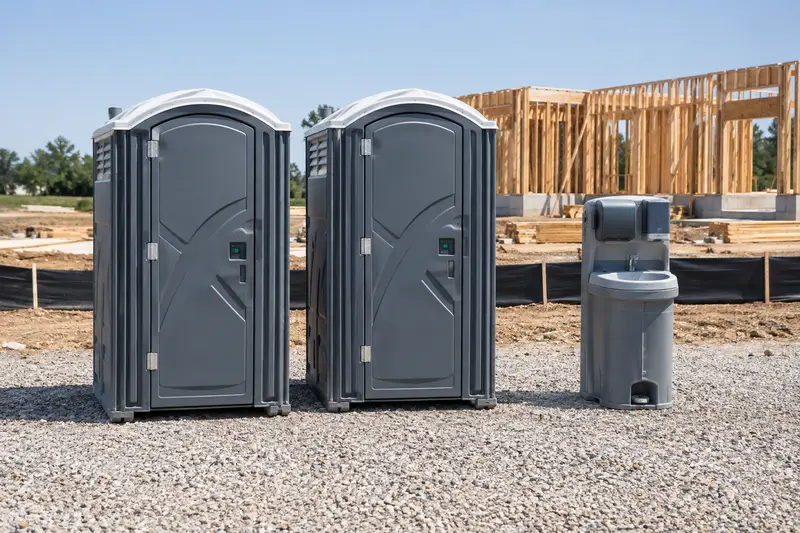 Portable toilets and washing facilities beside a construction project